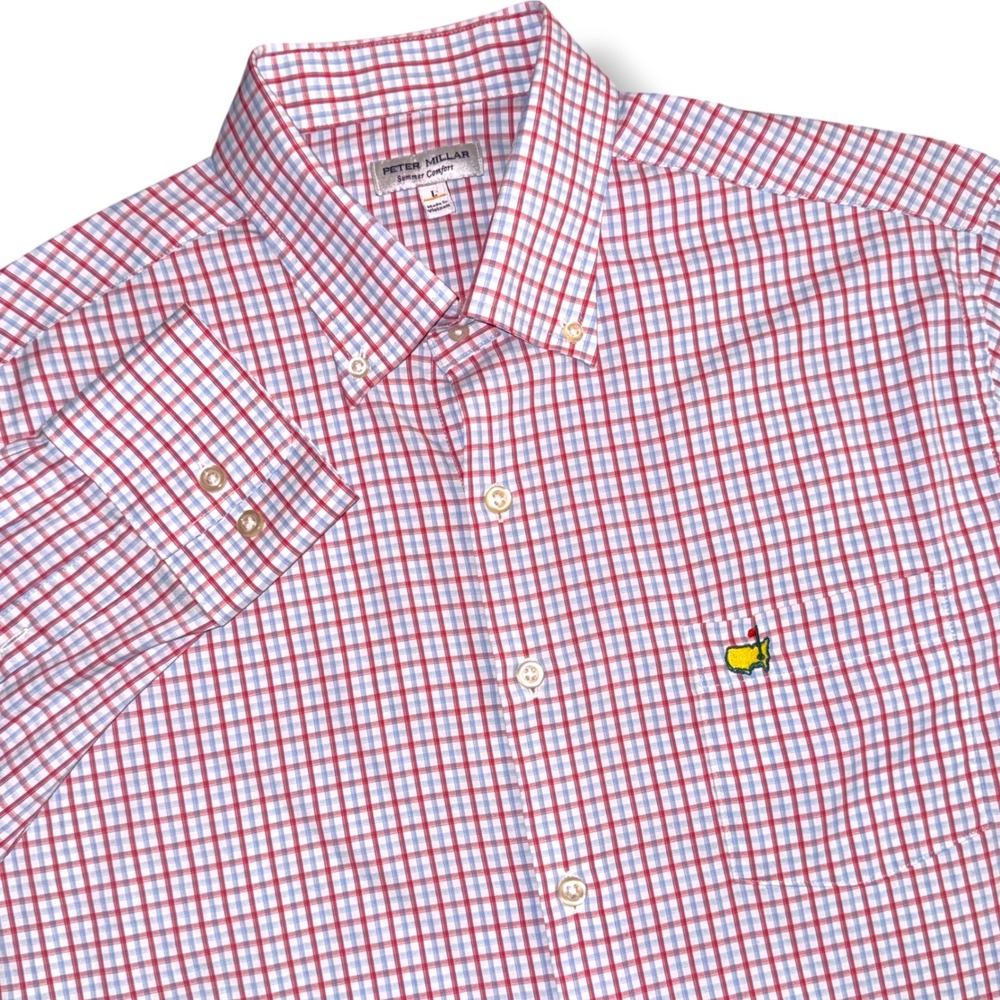 Peter Millar Masters Golf Shirt Mens L Red Blue Check Summer Comfort Button Down